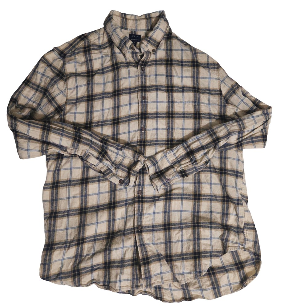 J.Crew Brushed Twill Plaid Button Down Shirt Mens XL Tan Navy Blue Long Sleeve